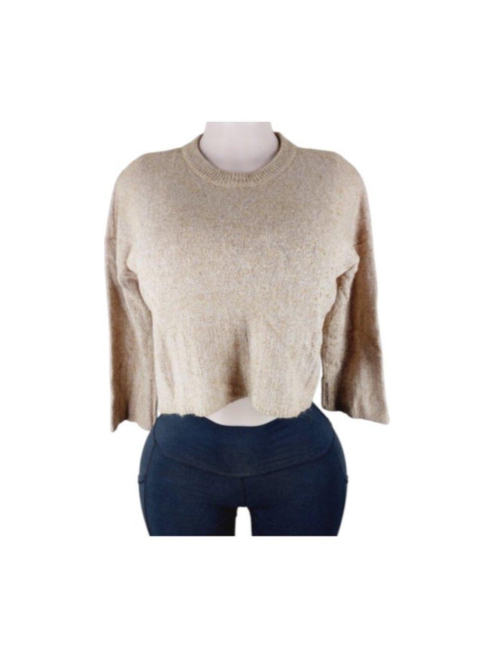 Madewell Women's Tan Short-Sleeve Crew Neck Knitted Cropped Sweater Size S